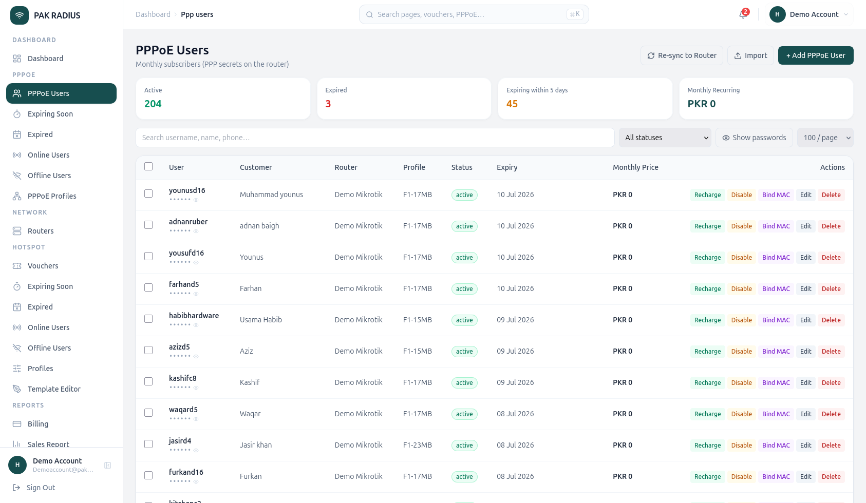 PPPoE users table